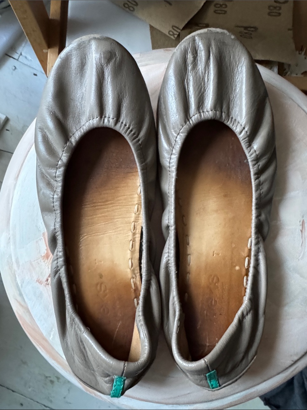 Tieks Leather Ballet Flats in Light Taupe with Teal Heel Tab